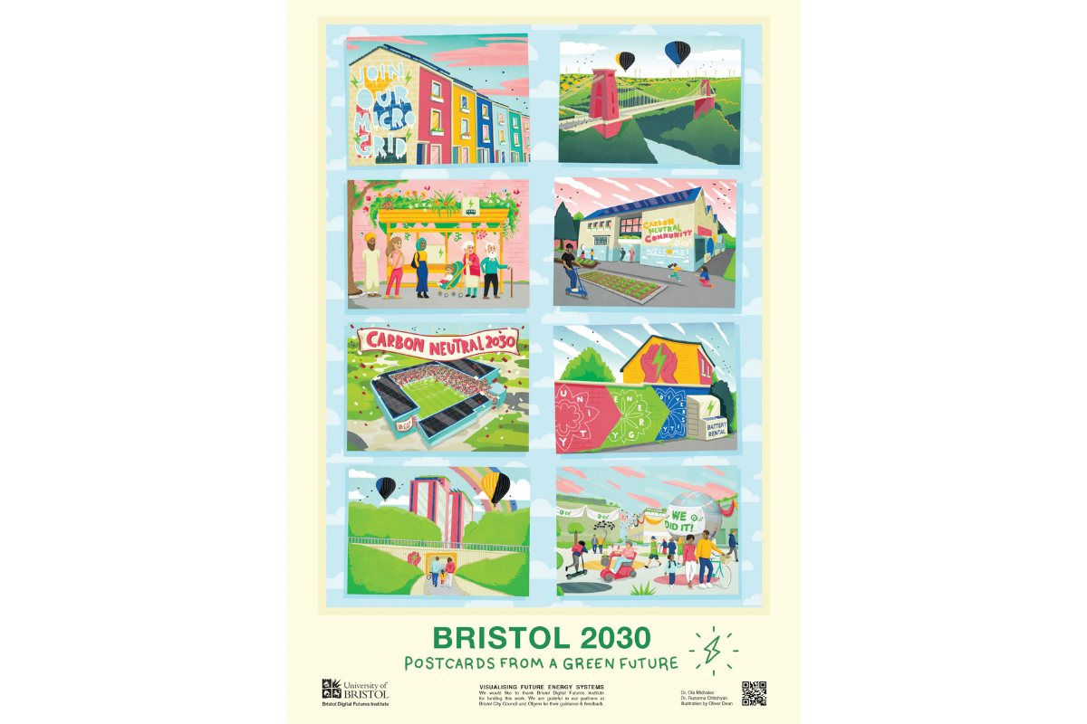 Bistol 2030 Postcards from a Green Future 2022. Illustration by Oliver Dean. For SMART LENS project led by Dr Ola Michalec and Dr Ruzanna Chitchyan. Bristol Digital Futures Institute