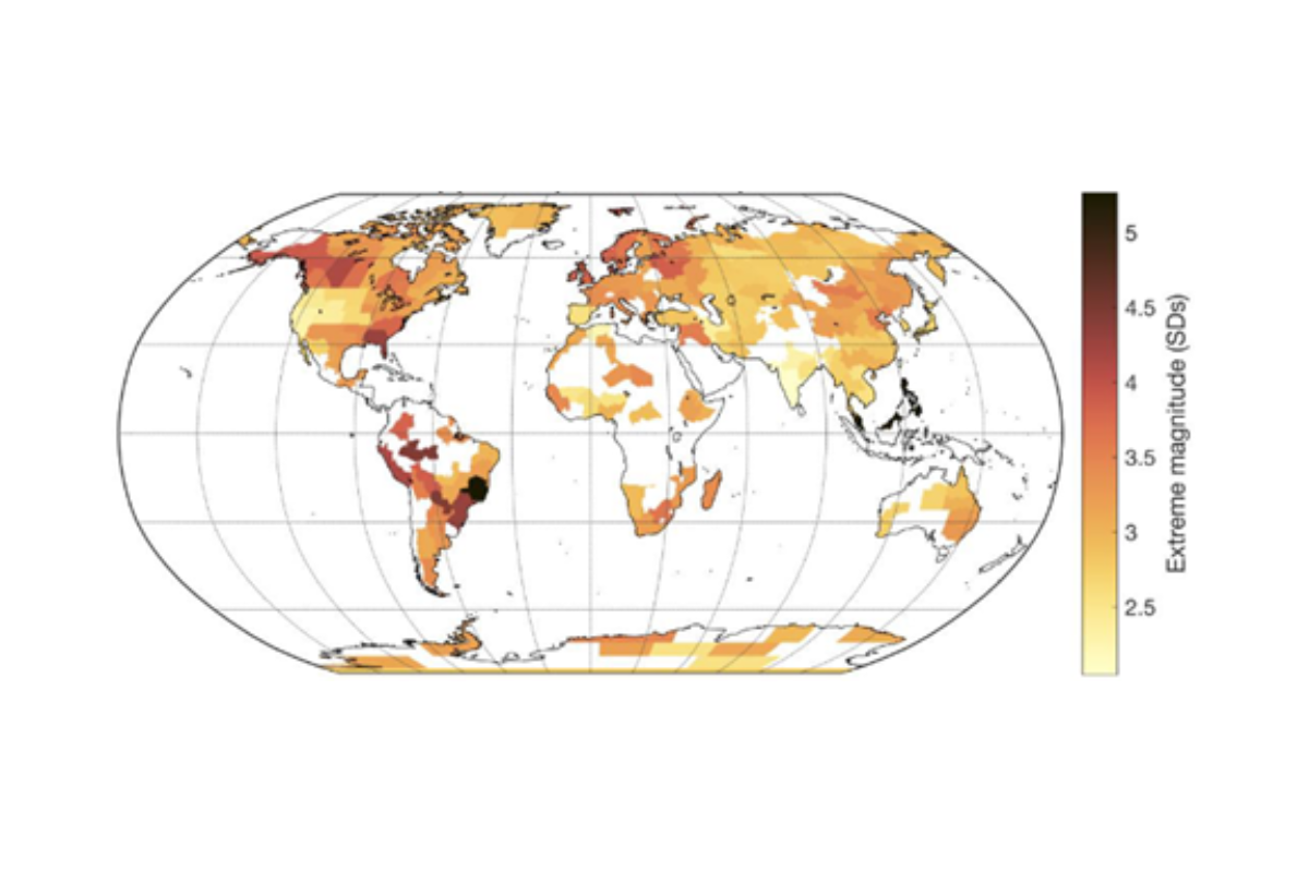 Map showing the magnitude of the greatest extreme since 1950 in each region, expressed in terms of deviation from average temperatures, with climate change trend removed. Darker colours indicate greater extremes (Credit: University of Bristol)