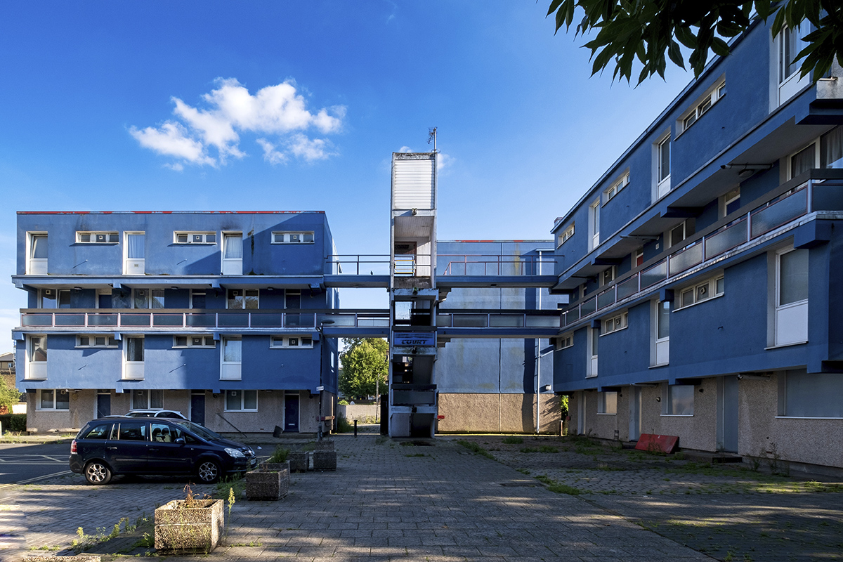 Low-rise blocks of flats painted blue