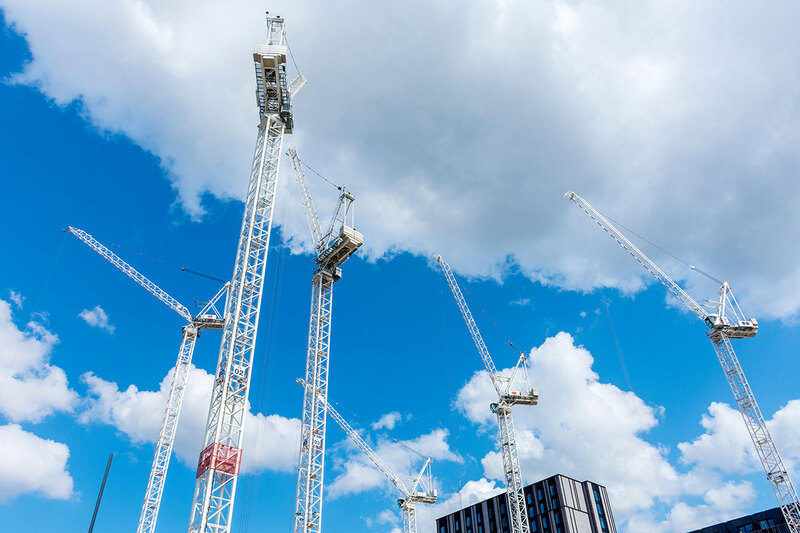 Cranes against a blue and cloudy sky