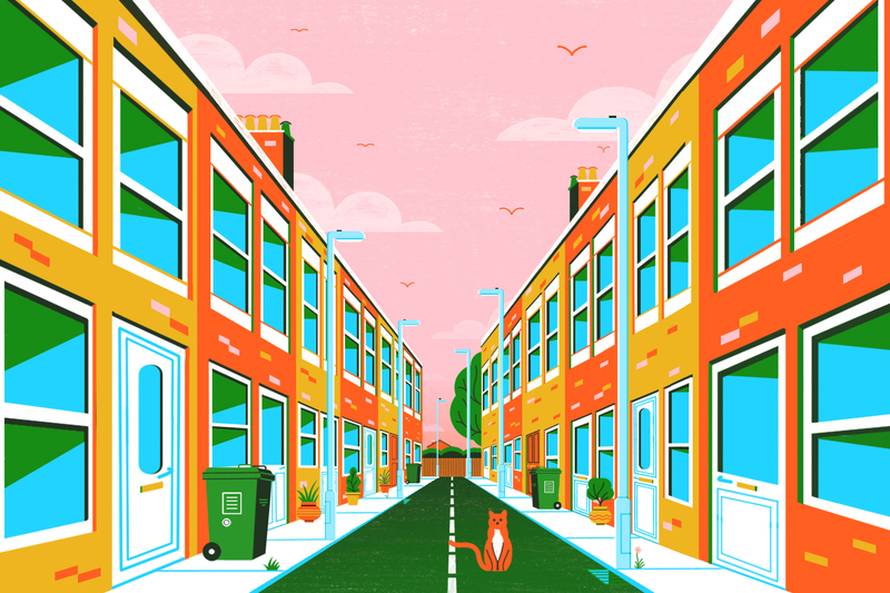 A bright-coloured illustration of a house-lined street A bright-coloured illustration of a house-lined street