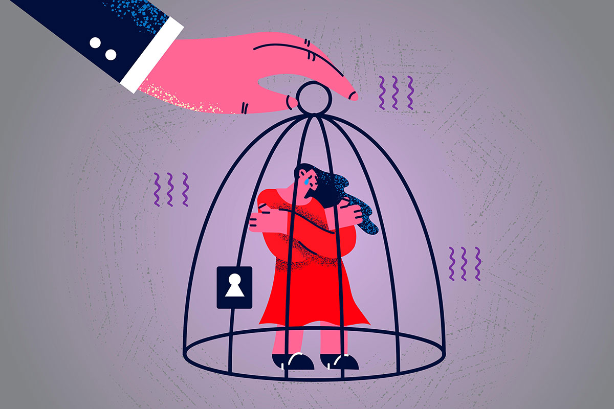 An illustration of a person’s hand on a cage that contains trapped person
