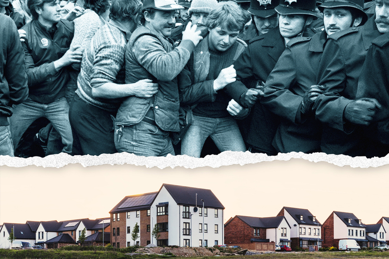 Split image of the riots in the 1980s and the site now