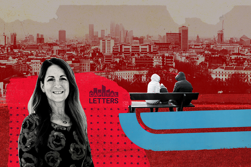 Illustration for Capital Letters investigation, showing CEO Sue Edmonds, a London cityscape and a family sitting on a bench Illustration for Capital Letters investigation, showing CEO Sue Edmonds, a London cityscape and a family sitting on a bench