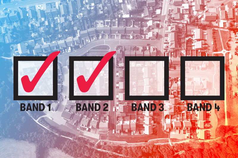 Tick boxes overlaid on an urban background; bands 1 and 2 are ticked, but not bands 3 and 4 Tick boxes overlaid on an urban background; bands 1 and 2 are ticked, but not bands 3 and 4
