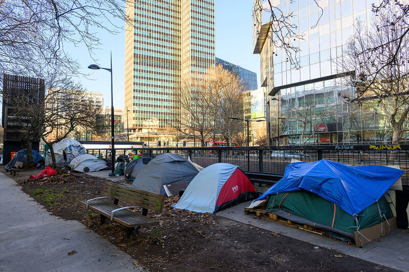 An encampment of tents in Euston