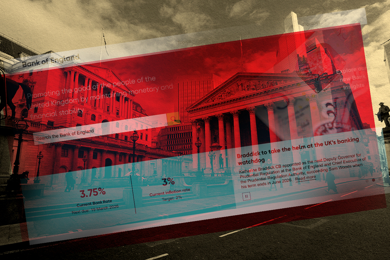 A graphic depicting the Bank of England building with its website homepage superimposed