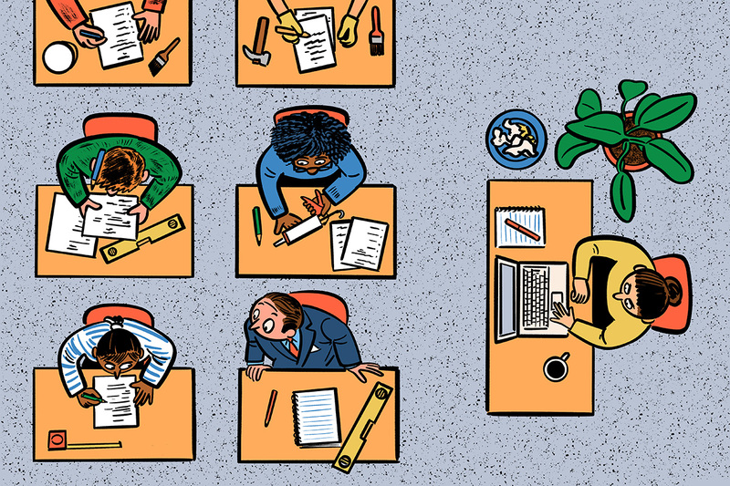 An illustration depicting housing professionals taking an exam